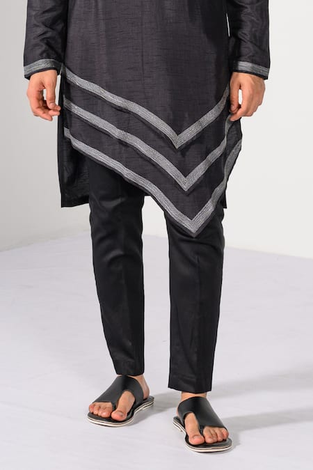 Kalpana Naik_Navy Bemberg, Silk, Cotton Graphite Geometrics Work Nehru Jacket Kurta Set _Online_at_Aza_Fashions