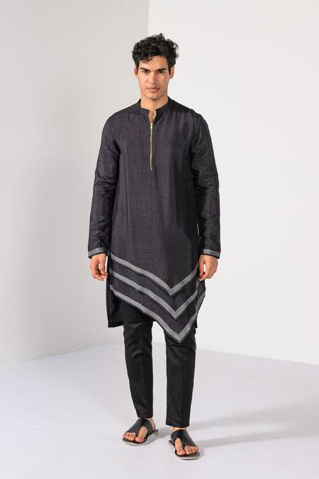 Buy_Kalpana Naik_Navy Bemberg, Silk, Cotton Graphite Geometrics Work Nehru Jacket Kurta Set _Online_at_Aza_Fashions