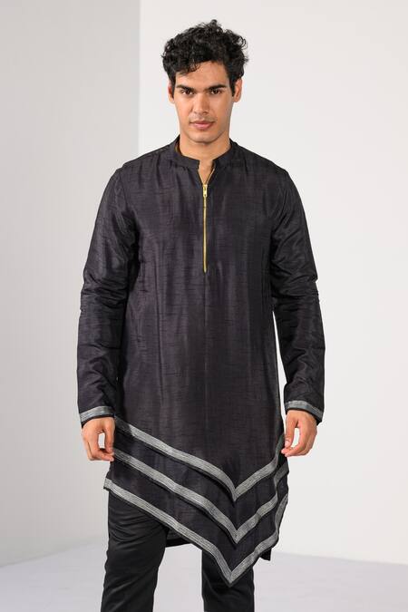 Shop_Kalpana Naik_Navy Bemberg, Silk, Cotton Graphite Geometrics Work Nehru Jacket Kurta Set _Online_at_Aza_Fashions