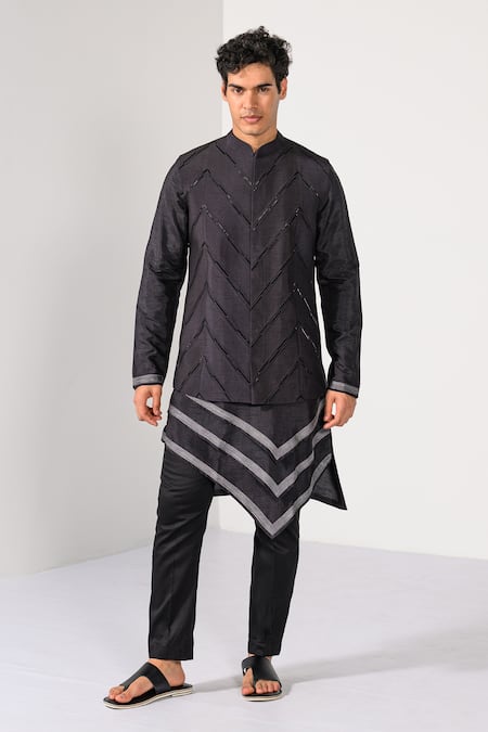 Kalpana Naik_Navy Bemberg, Silk, Cotton Graphite Geometrics Work Nehru Jacket Kurta Set _at_Aza_Fashions