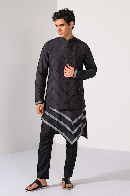 Buy_Kalpana Naik_Navy Bemberg, Silk, Cotton Graphite Geometrics Work Nehru Jacket Kurta Set 