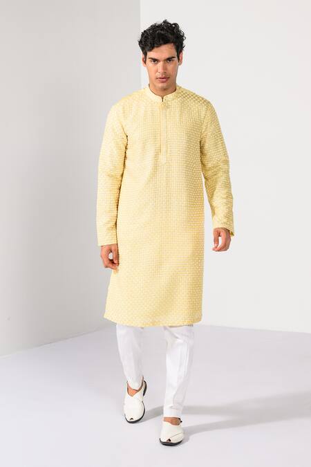 Buy_Kalpana Naik_Yellow Chanderi Silk Embroidery Golden Dawn Thread Kurta And Pant Set _Online_at_Aza_Fashions