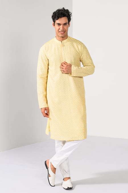 Buy_Kalpana Naik_Yellow Chanderi Silk Embroidery Golden Dawn Thread Kurta And Pant Set 