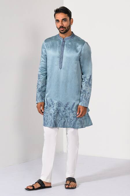 Kalpana Naik_Blue Linen, Satin Embroidery Blossom Floral Daman Thread Work Kurta Set _Online_at_Aza_Fashions