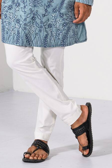 Buy_Kalpana Naik_Blue Linen, Satin Embroidery Blossom Floral Daman Thread Work Kurta Set _Online_at_Aza_Fashions