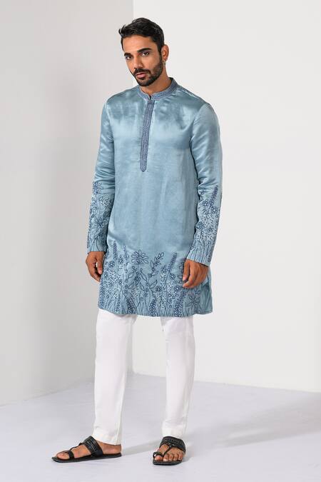 Shop_Kalpana Naik_Blue Linen, Satin Embroidery Blossom Floral Daman Thread Work Kurta Set _Online_at_Aza_Fashions