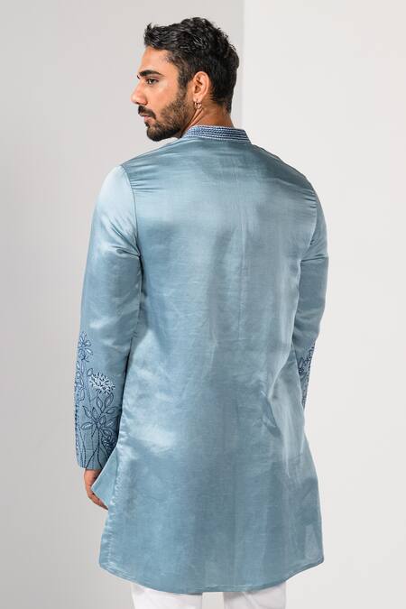 Kalpana Naik_Blue Linen, Satin Embroidery Blossom Floral Daman Thread Work Kurta Set _at_Aza_Fashions
