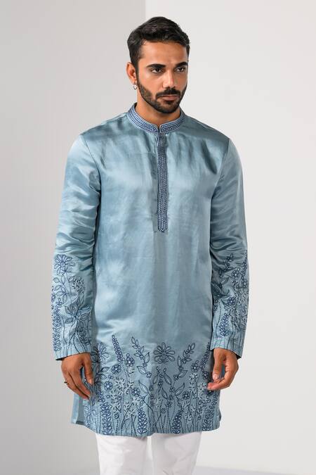 Shop_Kalpana Naik_Blue Linen, Satin Embroidery Blossom Floral Daman Thread Work Kurta Set 