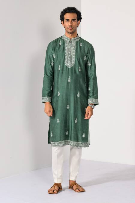Kalpana Naik_Green Chanderi Silk Embroidery Pine Thread Kurta And Pant Set _Online_at_Aza_Fashions