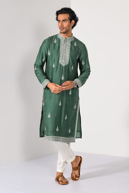 Kalpana Naik Pine Green Chanderi Thread Embroidered Kurta & Pant Set 