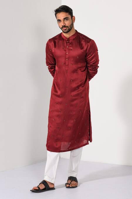 Kalpana Naik_Wine Linen, Satin, Cotton Embroidery Ruby Radiance Thread And Pipe Work Kurta Set  _Online_at_Aza_Fashions