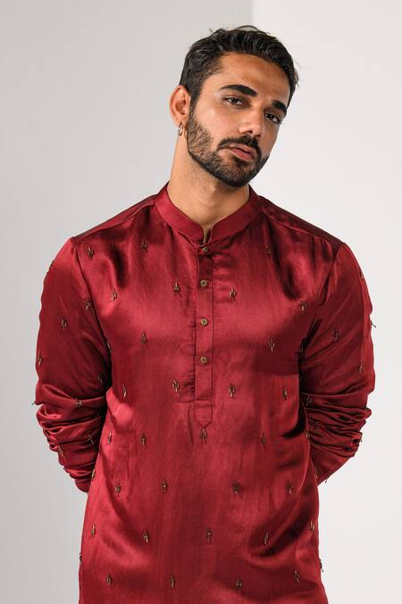 Shop_Kalpana Naik_Wine Linen, Satin, Cotton Embroidery Ruby Radiance Thread And Pipe Work Kurta Set  _Online_at_Aza_Fashions