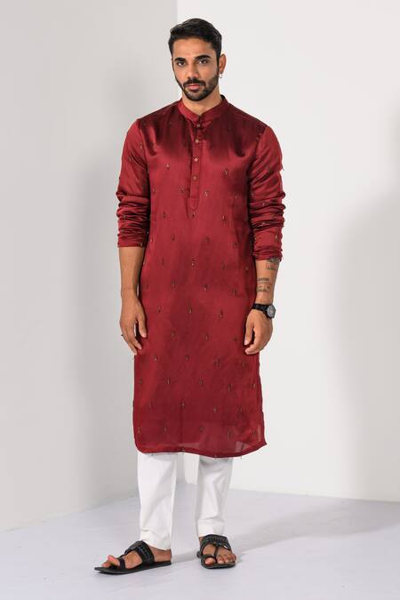 Kalpana Naik_Wine Linen, Satin, Cotton Embroidery Ruby Radiance Thread And Pipe Work Kurta Set  _at_Aza_Fashions