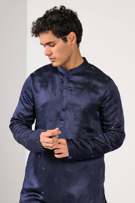 Kalpana Naik_Navy Linen, Satin, Cotton Majestic Indigo Butta Thread And Pipe Work Kurta Set _Online_at_Aza_Fashions