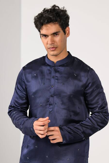 Shop_Kalpana Naik_Navy Linen, Satin, Cotton Majestic Indigo Butta Thread And Pipe Work Kurta Set _Online_at_Aza_Fashions