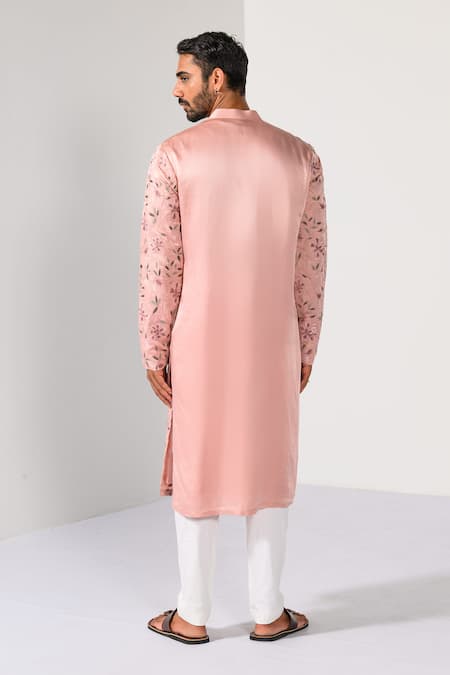 Shop Kalpana Naik Pink Linen, Satin, Cotton Blush Blossom Floral Thread Kurta And Pant Set at Aza Fashions Shop_Kalpana Naik_Pink Linen, Satin, Cotton Blush Blossom Floral Thread Kurta And Pant Set _at_Aza_Fashions