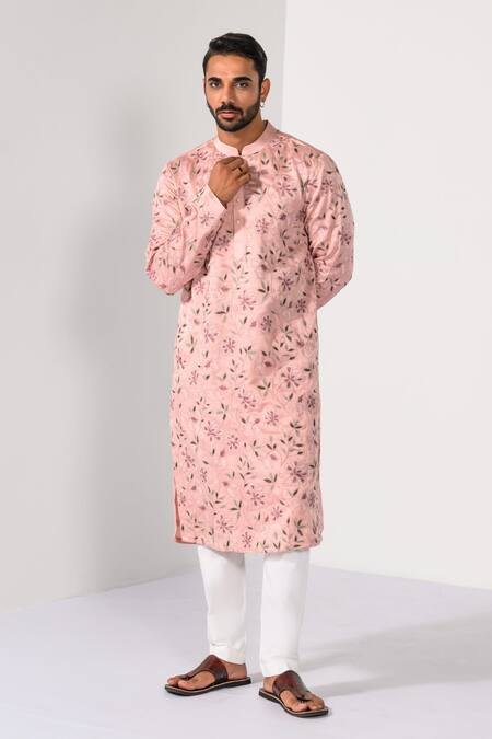 Kalpana Naik Pink Linen, Satin, Cotton Blush Blossom Floral Thread Kurta And Pant Set Online at Aza Fashions Kalpana Naik_Pink Linen, Satin, Cotton Blush Blossom Floral Thread Kurta And Pant Set _Online_at_Aza_Fashions