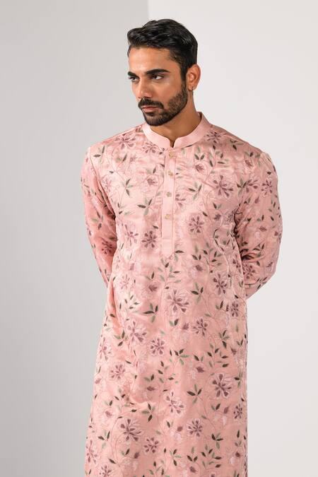 Shop Kalpana Naik Pink Linen, Satin, Cotton Blush Blossom Floral Thread Kurta And Pant Set Online at Aza Fashions Shop_Kalpana Naik_Pink Linen, Satin, Cotton Blush Blossom Floral Thread Kurta And Pant Set _Online_at_Aza_Fashions
