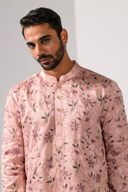 Buy Kalpana Naik Pink Linen, Satin, Cotton Blush Blossom Floral Thread Kurta And Pant Set Buy_Kalpana Naik_Pink Linen, Satin, Cotton Blush Blossom Floral Thread Kurta And Pant Set