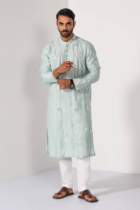 Kalpana Naik_Sky Blue Bemberg, Silk Mirrors, Embroidery Icy Glimmer Work Kurta And Pant Set _Online_at_Aza_Fashions