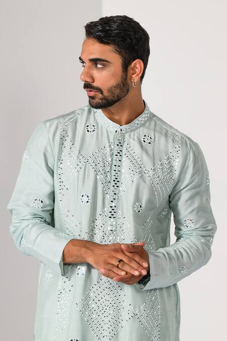 Shop_Kalpana Naik_Sky Blue Bemberg, Silk Mirrors, Embroidery Icy Glimmer Work Kurta And Pant Set _Online_at_Aza_Fashions