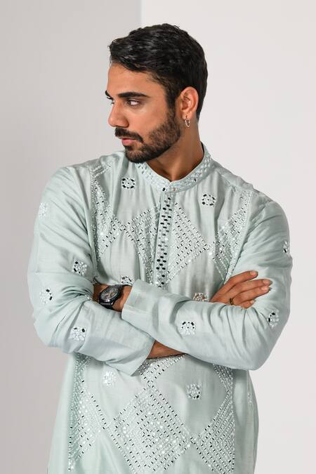 Kalpana Naik_Sky Blue Bemberg, Silk Mirrors, Embroidery Icy Glimmer Work Kurta And Pant Set _at_Aza_Fashions