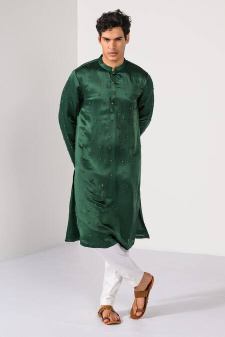 Kalpana Naik_Emerald Green Linen, Satin, Cotton Embroidery Work Kurta Set _Online_at_Aza_Fashions