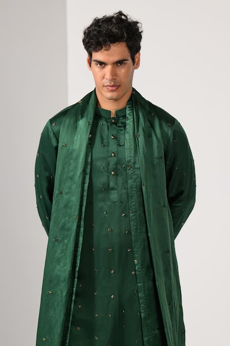 Buy_Kalpana Naik_Emerald Green Linen, Satin, Cotton Embroidery Work Kurta Set _Online_at_Aza_Fashions