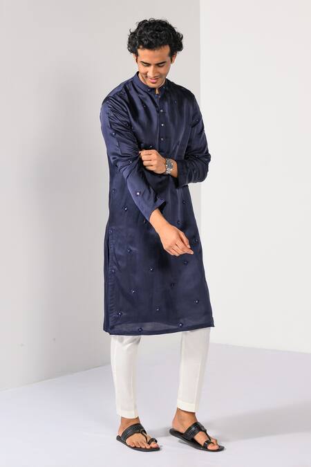 Kalpana Naik_Navy Linen, Satin Embroidery Royal Sapphire Big Butta Kurta And Pant Set _Online_at_Aza_Fashions