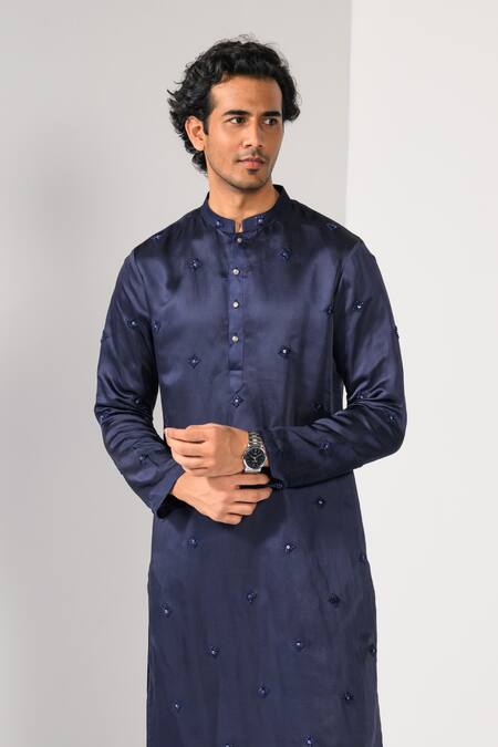 Buy_Kalpana Naik_Navy Linen, Satin Embroidery Royal Sapphire Big Butta Kurta And Pant Set _Online_at_Aza_Fashions