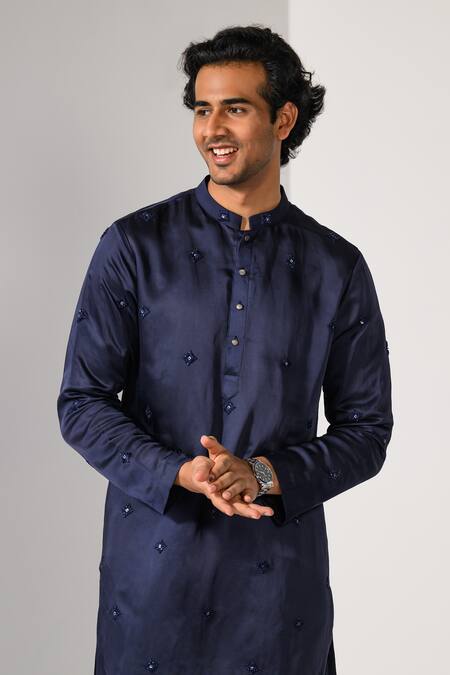 Shop_Kalpana Naik_Navy Linen, Satin Embroidery Royal Sapphire Big Butta Kurta And Pant Set _Online_at_Aza_Fashions