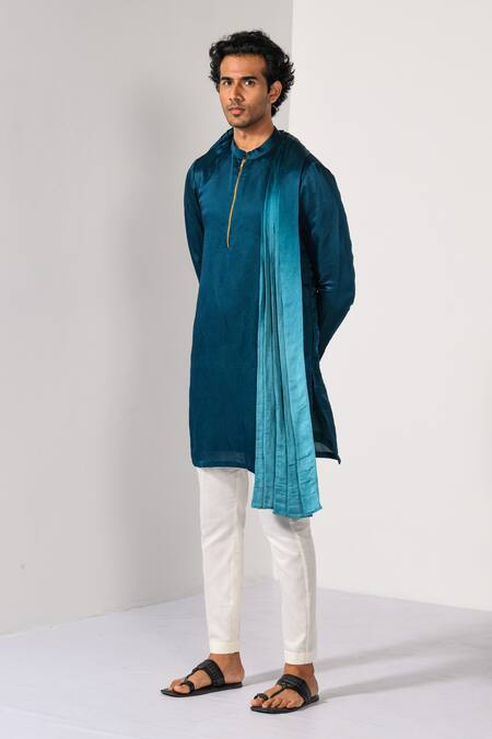Kalpana Naik_Teal Linen, Satin, Cotton Transition Drape Kurta And Slim Fit Pant Set _Online_at_Aza_Fashions
