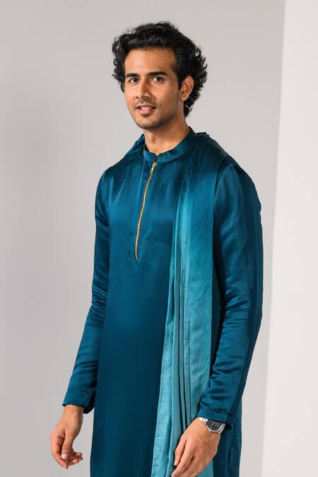 Shop_Kalpana Naik_Teal Linen, Satin, Cotton Transition Drape Kurta And Slim Fit Pant Set _Online_at_Aza_Fashions