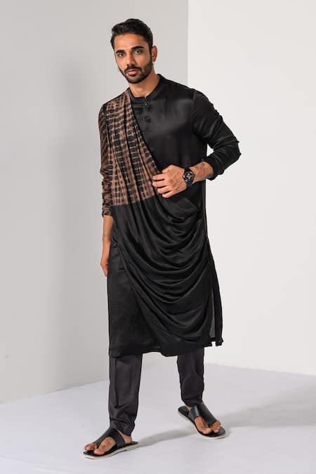 Buy_Kalpana Naik_Black Linen, Satin Bliss Draped Kurta And Slim Fit Pant Set _Online_at_Aza_Fashions