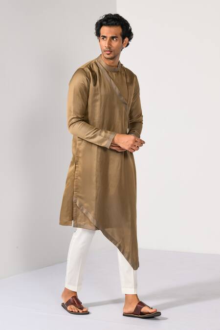 Kalpana Naik Beige Linen, Satin Imperial Drape Kurta And Slim Fit Pant Set Online at Aza Fashions Kalpana Naik_Beige Linen, Satin Imperial Drape Kurta And Slim Fit Pant Set _Online_at_Aza_Fashions