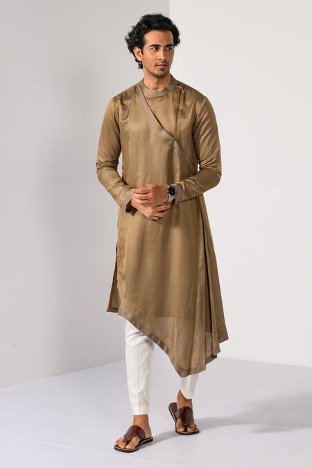 Buy Kalpana Naik Beige Linen, Satin Imperial Drape Kurta And Slim Fit Pant Set Online at Aza Fashions Buy_Kalpana Naik_Beige Linen, Satin Imperial Drape Kurta And Slim Fit Pant Set _Online_at_Aza_Fashions