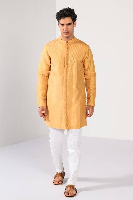 Kalpana Naik_Mustard Bemberg, Silk Pintuck Sunshine Kurta Set _Online_at_Aza_Fashions