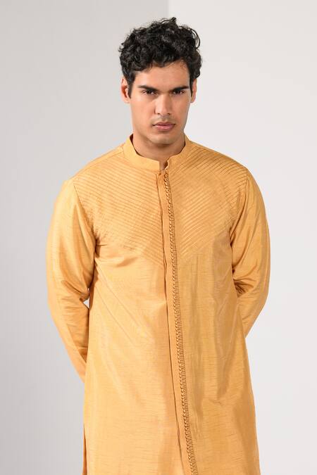 Kalpana Naik_Mustard Bemberg, Silk Pintuck Sunshine Kurta Set _at_Aza_Fashions
