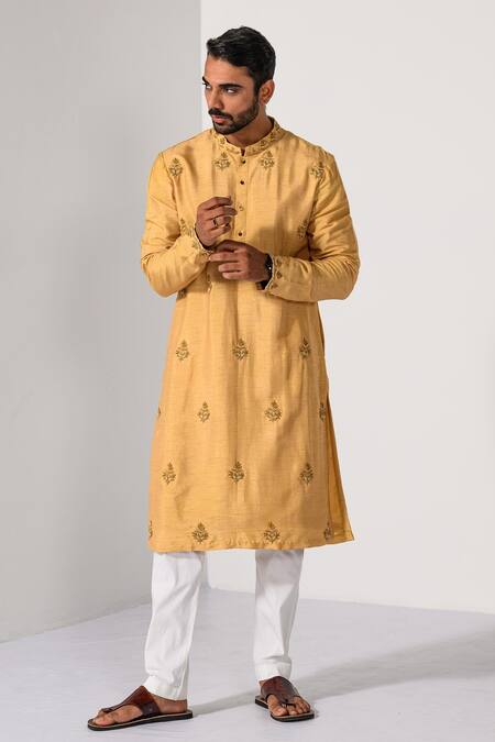 Buy_Kalpana Naik_Mustard Bemberg, Silk, Cotton Embroidery Golden Butta Hand Kurta And Pant Set _Online_at_Aza_Fashions