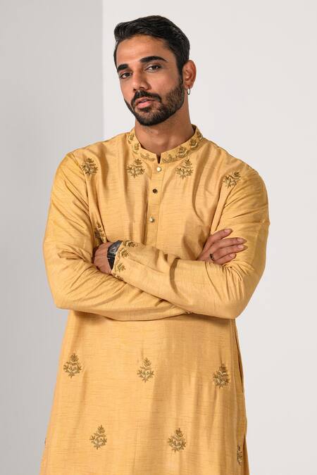 Shop_Kalpana Naik_Mustard Bemberg, Silk, Cotton Embroidery Golden Butta Hand Kurta And Pant Set _Online_at_Aza_Fashions