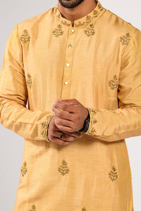 Kalpana Naik_Mustard Bemberg, Silk, Cotton Embroidery Golden Butta Hand Kurta And Pant Set _at_Aza_Fashions