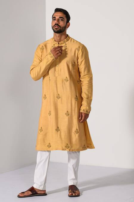 Buy_Kalpana Naik_Mustard Bemberg, Silk, Cotton Embroidery Golden Butta Hand Kurta And Pant Set 