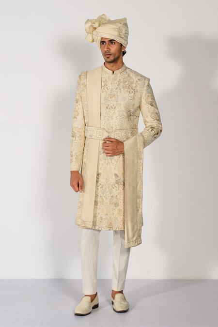 Buy_Kalpana Naik_Cream Bemberg, Silk Embroidery, Zari Regal Pearl Zardozi Sherwani Set _Online_at_Aza_Fashions