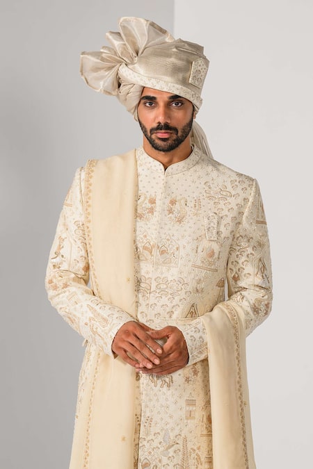 Shop_Kalpana Naik_Ivory Silk Embroidery, Zari Royal Zardozi Sherwani Set _Online_at_Aza_Fashions
