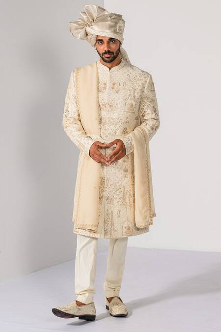 Kalpana Naik_Ivory Silk Embroidery, Zari Royal Zardozi Sherwani Set _at_Aza_Fashions