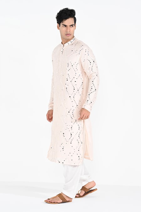 Kalpana Naik_Cream Bemberg, Silk Embroidery, Mirrors Blush Pink Hand Kurta Set _Online_at_Aza_Fashions