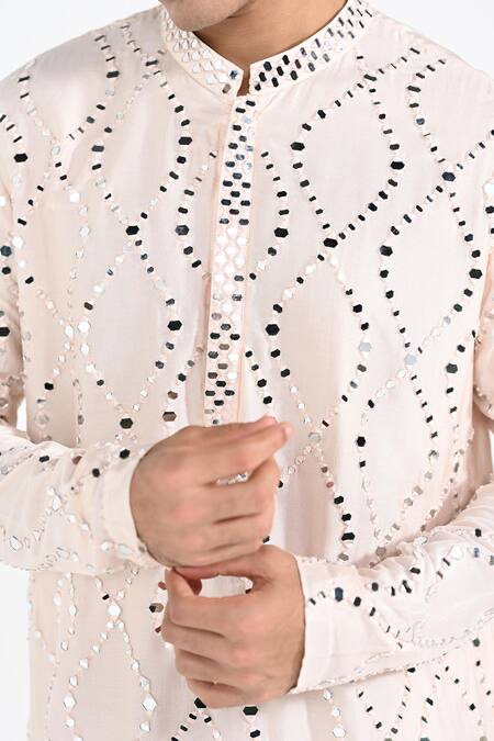 Buy_Kalpana Naik_Cream Bemberg, Silk Embroidery, Mirrors Blush Pink Hand Kurta Set _Online_at_Aza_Fashions
