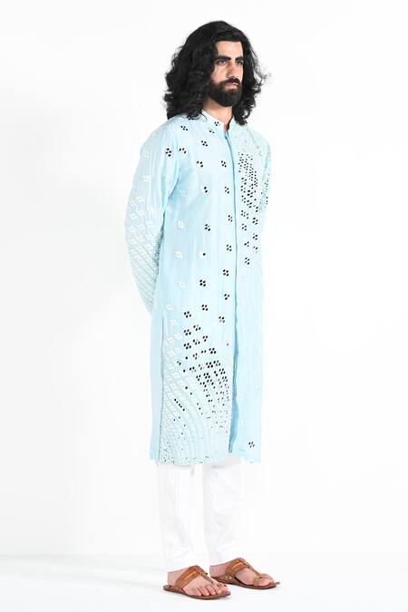 Kalpana Naik_Sky Blue Bemberg, Silk Mirrors, Embroidery Powder Kurta Set _Online_at_Aza_Fashions