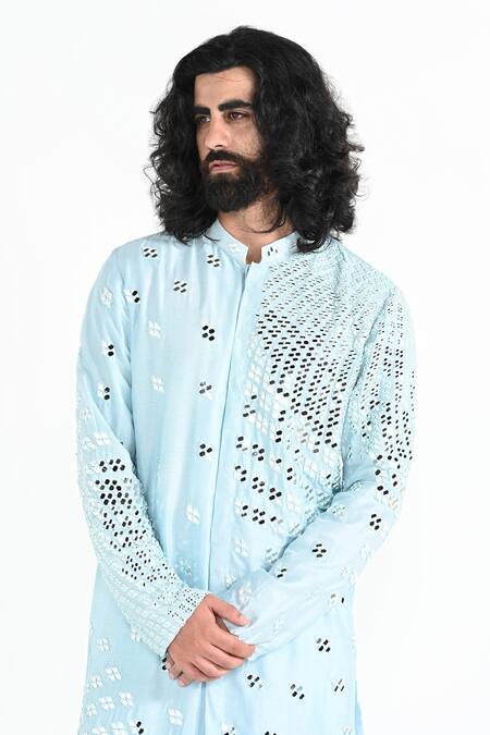 Buy_Kalpana Naik_Sky Blue Bemberg, Silk Mirrors, Embroidery Powder Kurta Set _Online_at_Aza_Fashions