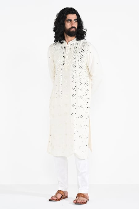 Kalpana Naik_Ivory Bemberg, Silk, Cotton Embroidery, Mirrors Kurta And Pant Set _Online_at_Aza_Fashions